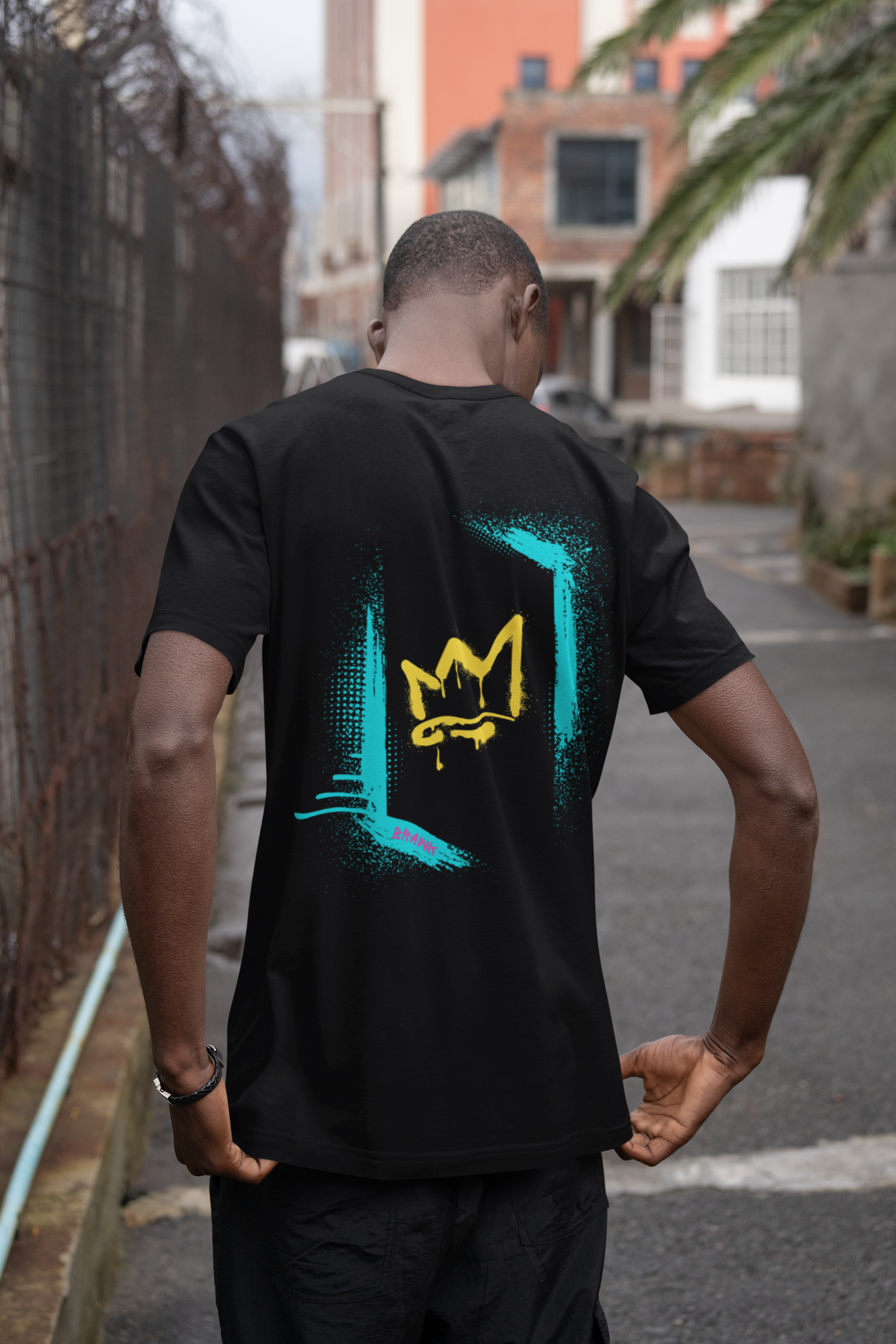 Graffiti style bright coloured image T-shirt (back image shown)